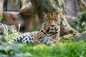 A large leopard laying in the grass near a tree, capturing the calmness and majesty of the wild.

