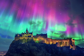 Fototapeta premium northern lights, Aurora Borealis seen over edinburgh castle landmark in scotland