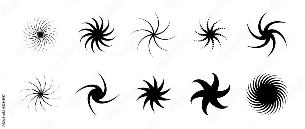 Aufkleber Various twist and swirl element set. Black dotted twirl and rotating symbols collection. Circular radial revolving whirlwind objects bundle for graphic design, poster, banner. Vector pack