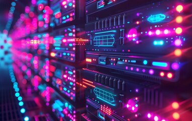 Fototapeta premium Modern server room with glowing neon lights, illustrating data storage, cybersecurity, and advanced technology infrastructure.