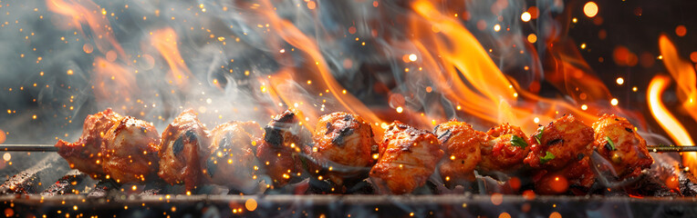 Empty barbecue flaming charcoal grill with bright flames of fire isolated on the fire background
