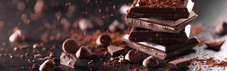 A pile of chocolate bars with chocolate sprinkled on top sweets dessert delicious cocoa with blurred background
