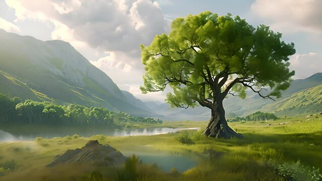 Scenic Landscape with Majestic Tree and Mountains with Ai generated.

