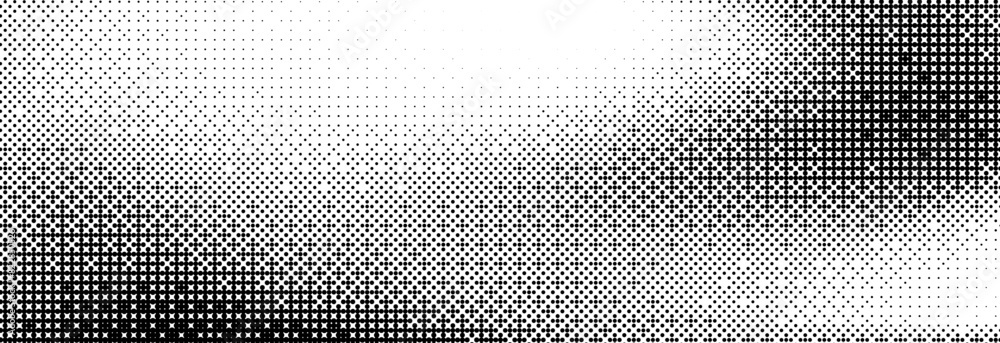 Poster Bitmap pixelated grunge gradient texture. Black and white dither pattern wallpaper. Abstract glitchy pattern. 8 bit video game background. Wide raster backdrop. Retro pixel art Illustration. Vector