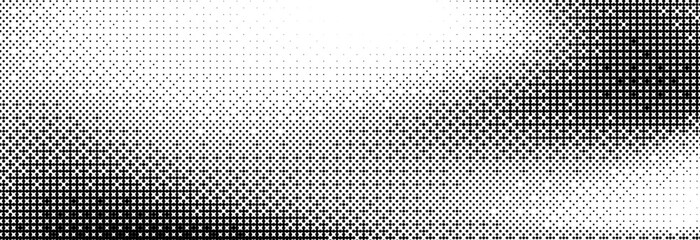 Bitmap pixelated grunge gradient texture. Black and white dither pattern wallpaper. Abstract glitchy pattern. 8 bit video game background. Wide raster backdrop. Retro pixel art Illustration. Vector