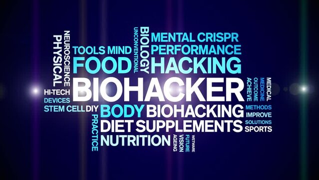 Biohacker animated word cloud;text design animation tag kinetic typography seamless loop.