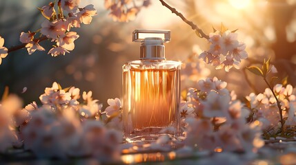 A bottle of perfume sits on a table, surrounded by cherry blossoms. The sun shines through the blossoms and reflects off the bottle.
