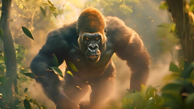 Aggressive Gorilla Charging in Jungle with Ai generated.
 