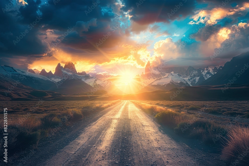 Wall mural Road to el chalten, beautiful fitz roy, cerro torre, dramatic sky sunlight, and cloud - generative ai