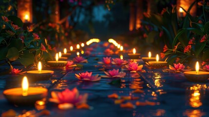 A beautiful night scene with lit candles lining the path surrounded by nature.