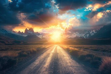 Road to el chalten, beautiful fitz roy, cerro torre, dramatic sky sunlight, and cloud - generative ai