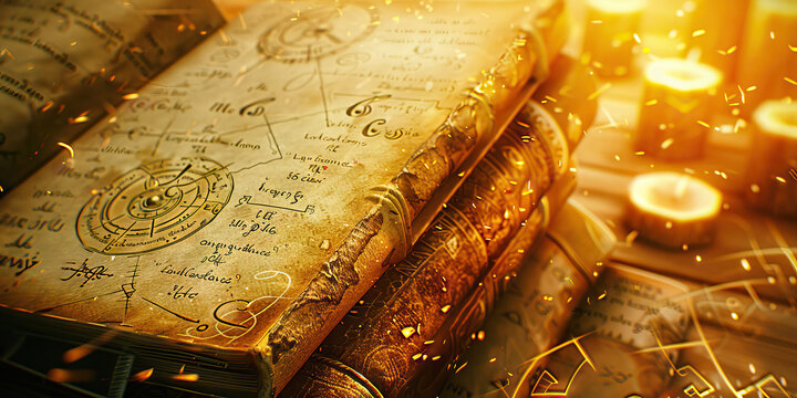 The Enigmatic Labyrinth of Knowledge: A messy pile of ancient books and scrolls, filled with cryptic formulas and symbols, scattered across a wooden desk.