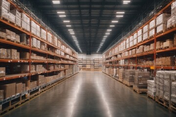 Distribution warehouse with shelves containing packages to be shipped