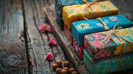 Artisan soaps wrapped in colorful fabric on rustic wood