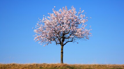 Fototapeta premium At the very top of the tree a single blossom blooms representing the ultimate goal or aspiration that the person is working towards.