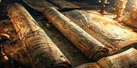 The Enigmatic Labyrinth of Knowledge: A messy pile of ancient books and scrolls, filled with cryptic formulas and symbols, scattered across a wooden desk.