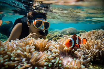 Young snorkeler observing clownfish in coral reef