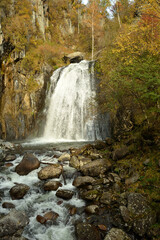 Obraz premium A stormy river flows like a rapid waterfall from a high mountain into an autumn forest on a cloudy day.