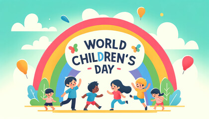 Obraz premium World Children's Day Poster with Kids Playing and Rainbow Background