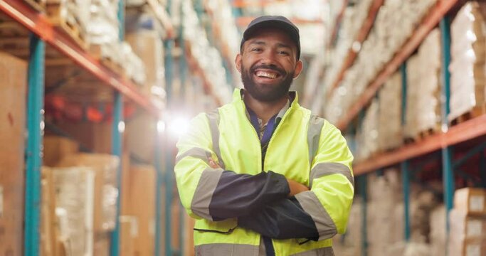 Logistics, man and face in warehouse with confidence, smile and safety jacket in supply chain or freight. Male person, industry and quality control in packaging, shipping or stock in trade or export