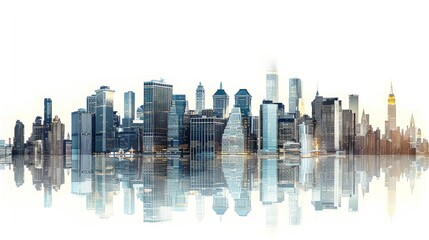 a city skyline with a reflection in the water