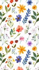 Collection of colorful floral elements in flat color. Set of spring and summer wild flowers, plants, branches, leaves and herb.