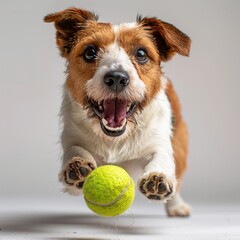 a dog jumping to catch a tennis ball