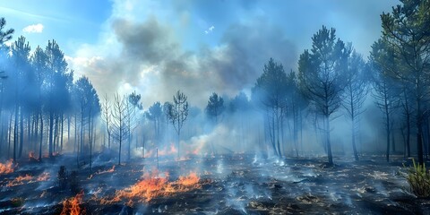 Wildfire devastates pine forests during dry season as part of global crisis. Concept Wildfire Prevention, Forest Management, Climate Change, Global Crisis, Environmental Impact