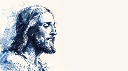 Sketch of Jesus Christ on white background with copy space 