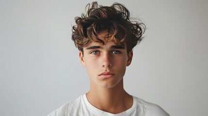 Fototapeta premium The face of a young man with curly hair facing the camera against a plain background.