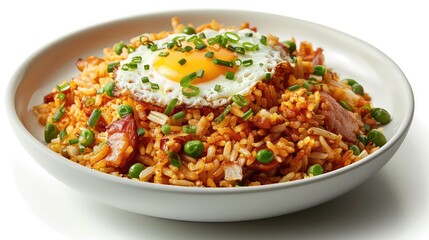 Fried rice topped with sunny side up egg  meat and tomato, Generative AI