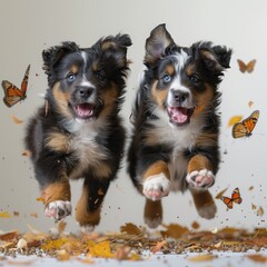 two dogs jumping in the air with butterflies flying around them