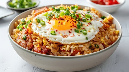 Fried rice topped with sunny side up egg  meat and tomato, Generative AI