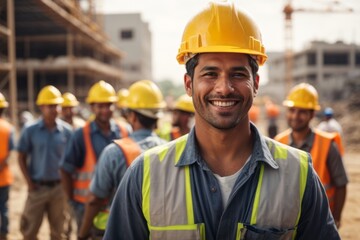 cheerful construction worker wearing hat and safety suit at construction building site