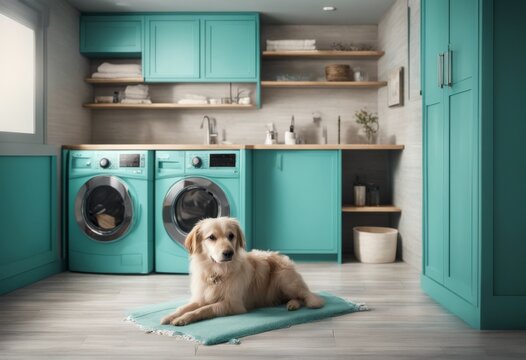 bright and colorful laundry turquoise room with a golden retriever dog