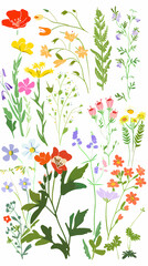 Collection of colorful floral elements in flat color. Set of spring and summer wild flowers, plants, branches, leaves and herb.