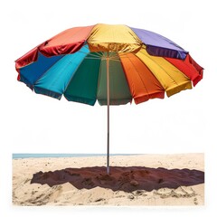 a colorful umbrella on a sandy beach near the ocean