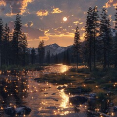 a river with lights in the water and trees in the background