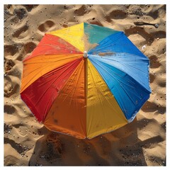 a colorful umbrella sitting on a sandy beach