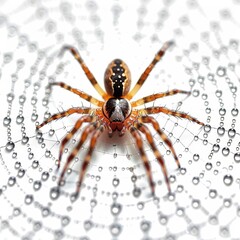 a spider sitting on a web covered in water droplets