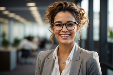 Fototapeta premium Cheerful business woman or office employee wearing glasses in office room