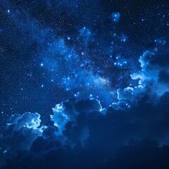 a night sky with clouds and stars and a plane