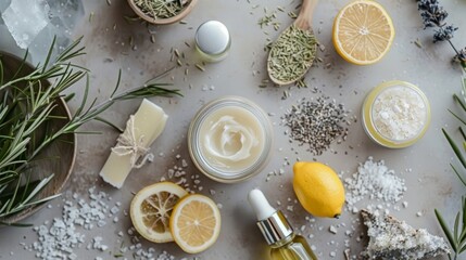 A beautiful flat lay of DIY natural skincare products including a facial serum body scrub and lip balm.