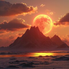 a sunset with a full moon and mountains in the background