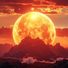 a large orange moon rising over a mountain range