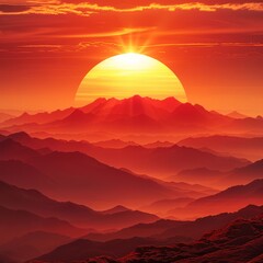 a sunset over a mountain range with a large sun