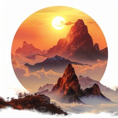 a mountain landscape with a sun setting in the background
