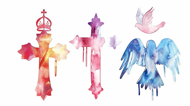 Holy Trinity symbols. Cross, crown and dove of Holy Spirit. Watercolor christian symbols against white background. Vector illustration