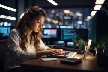 Girl programmer typing code on keyboard to develop program in office room