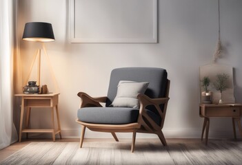 decoration frame interior armchair mockup light drawer chill living room canvas poster relaxing area soft place square copy space wooden dresser hardwood floor art